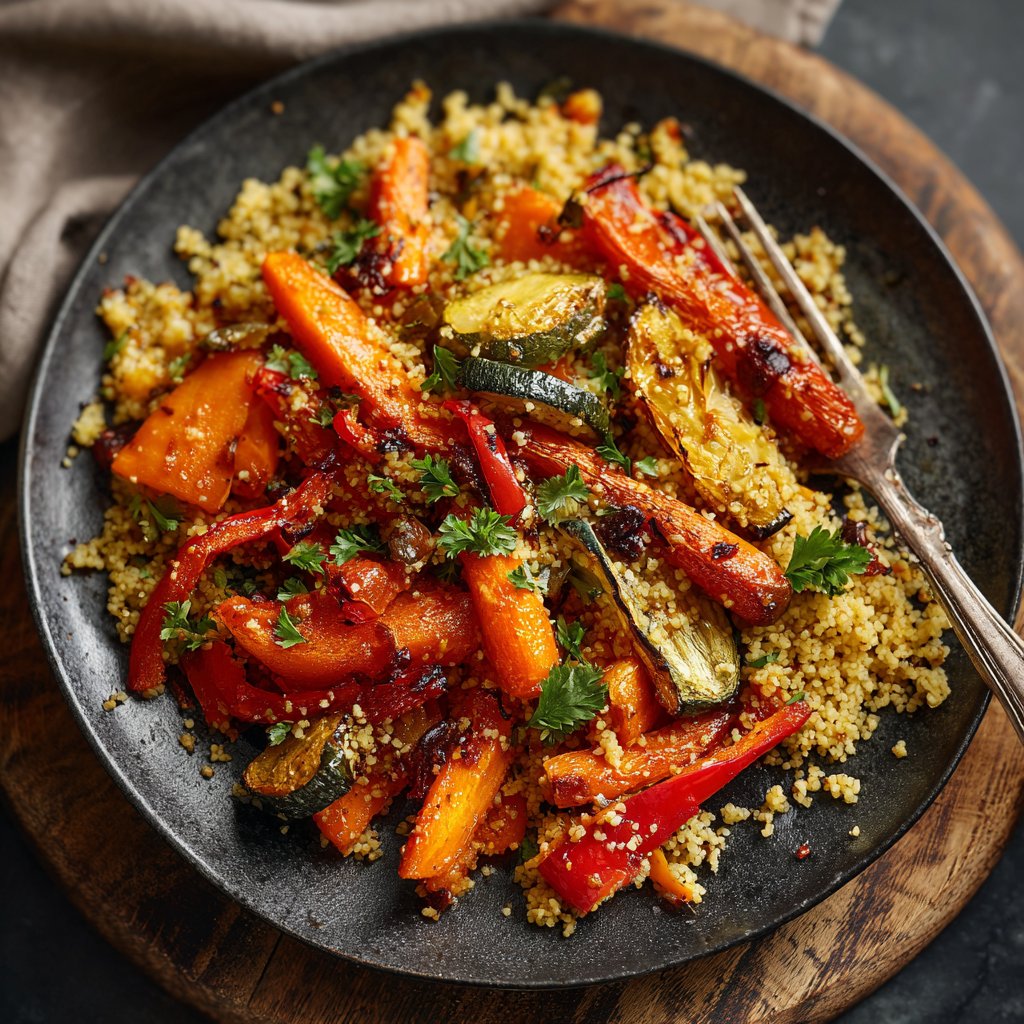 Mittagessen mit Bulgur und Ofengemüse