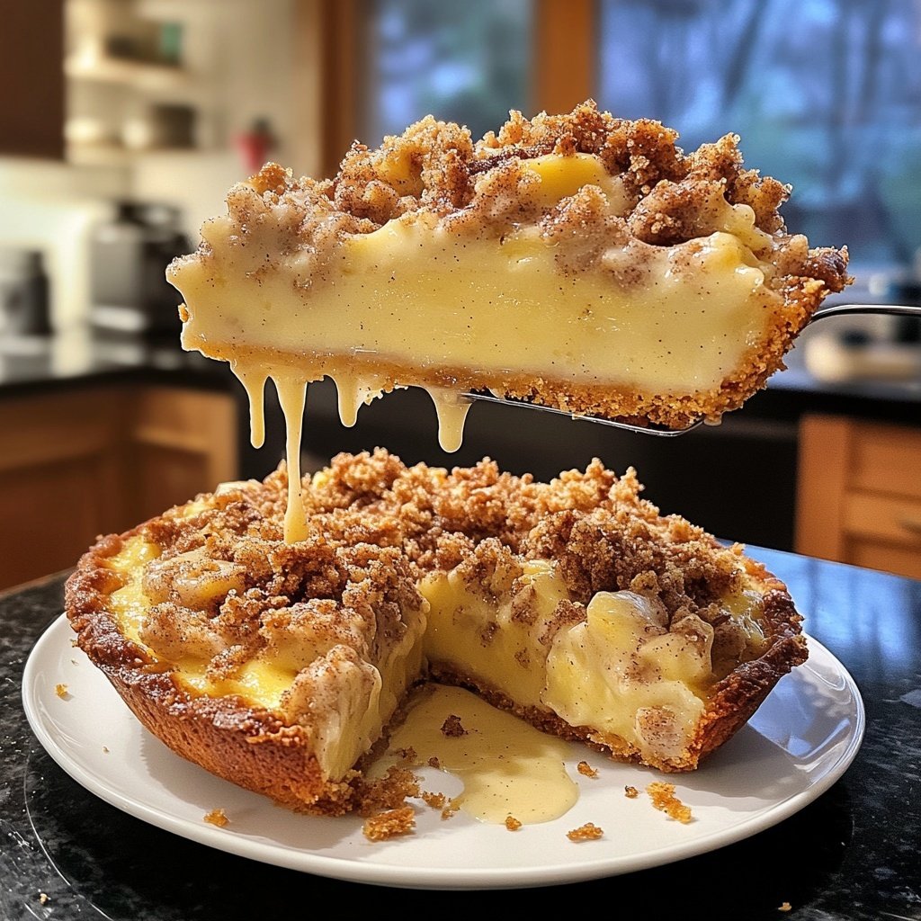 Traditioneller Apfelkuchen mit Pudding und Zimtstreuseln